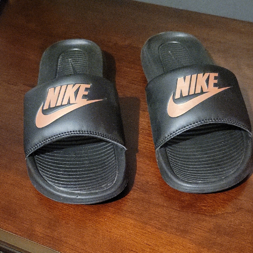 Nike Black Slide Sandals with Copper Logo Accent